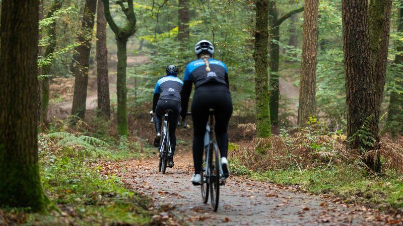Racefiets met winterbanden lekbestendig en veilig op weg met veel bladeren. 
