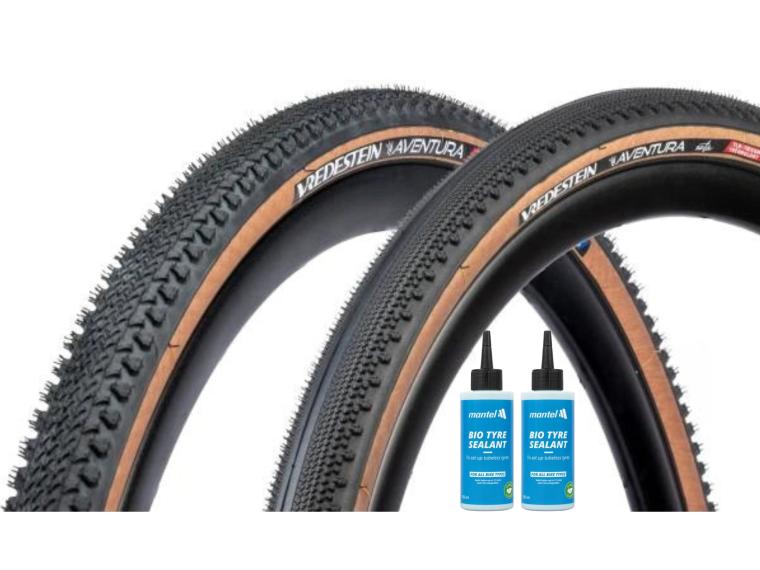 Vredestein Aventura + Aventura Seta Gravel Tyre Brown / Mantel Sealant 2 x 125 ml